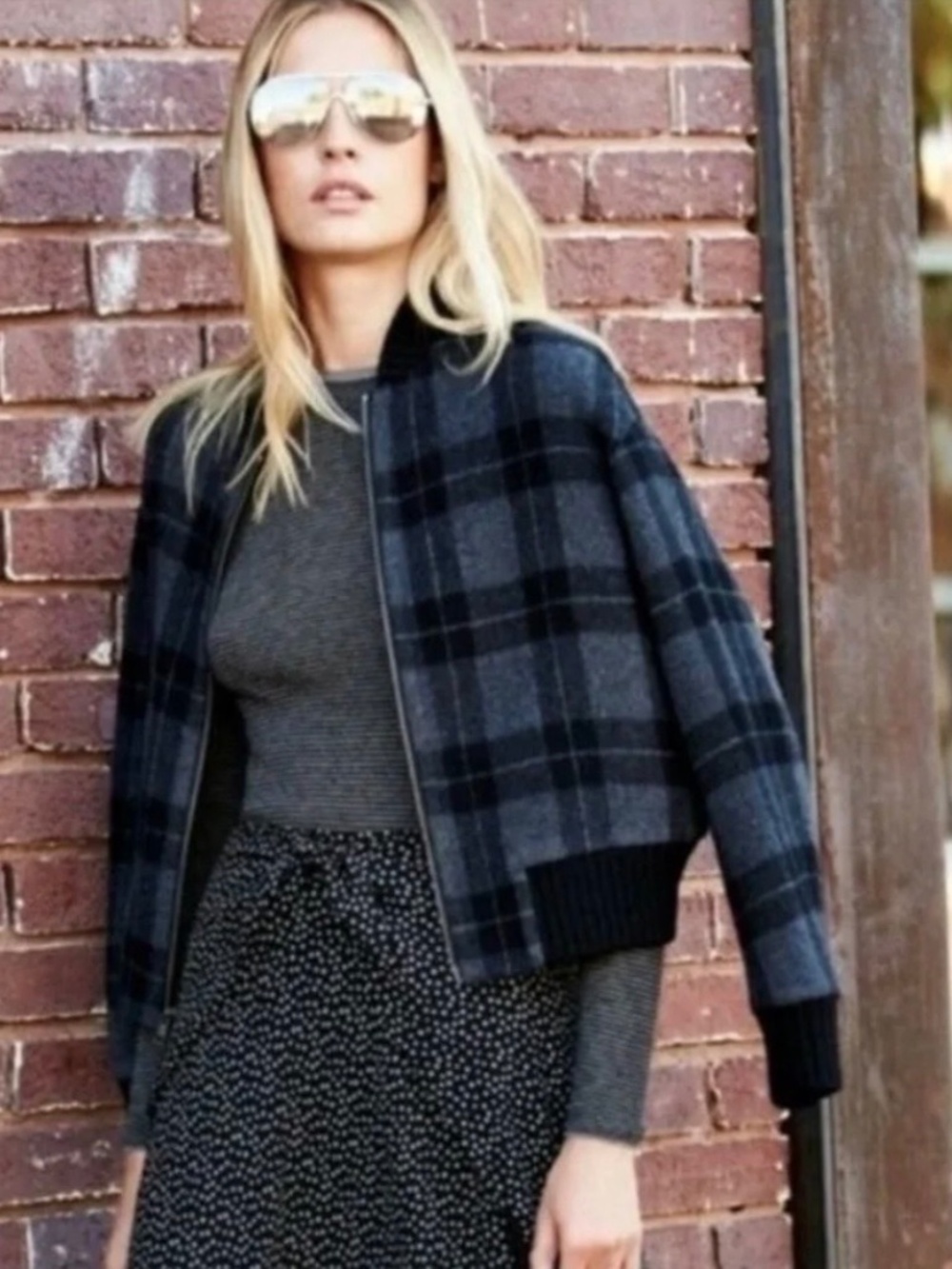 Vince Tonal Plaid Wool Blend Bomber Jacket Women's US XS Warm 90s Grunge Revival